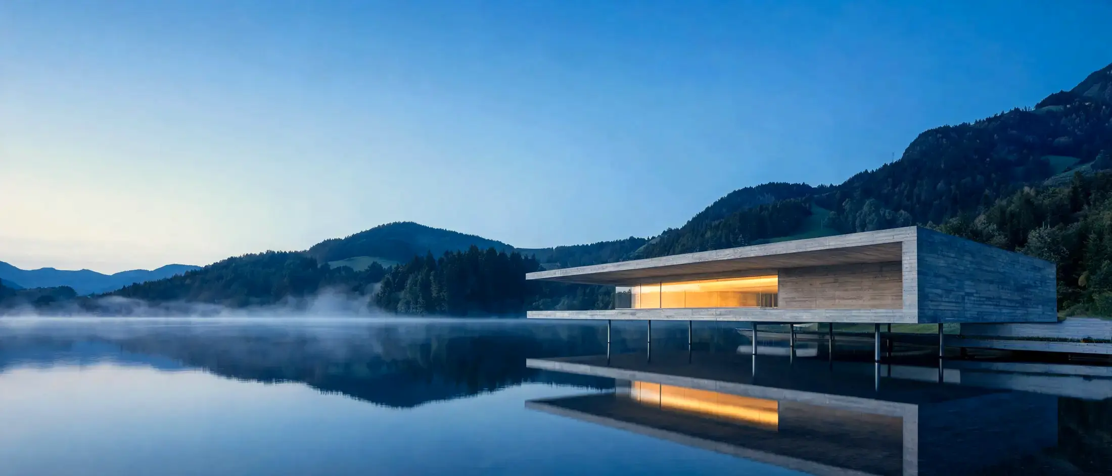 Il Padiglione del Lago all'imbrunire: un volume in calcestruzzo a vista sospeso sull'acqua, con una lunga apertura vetrata illuminata.