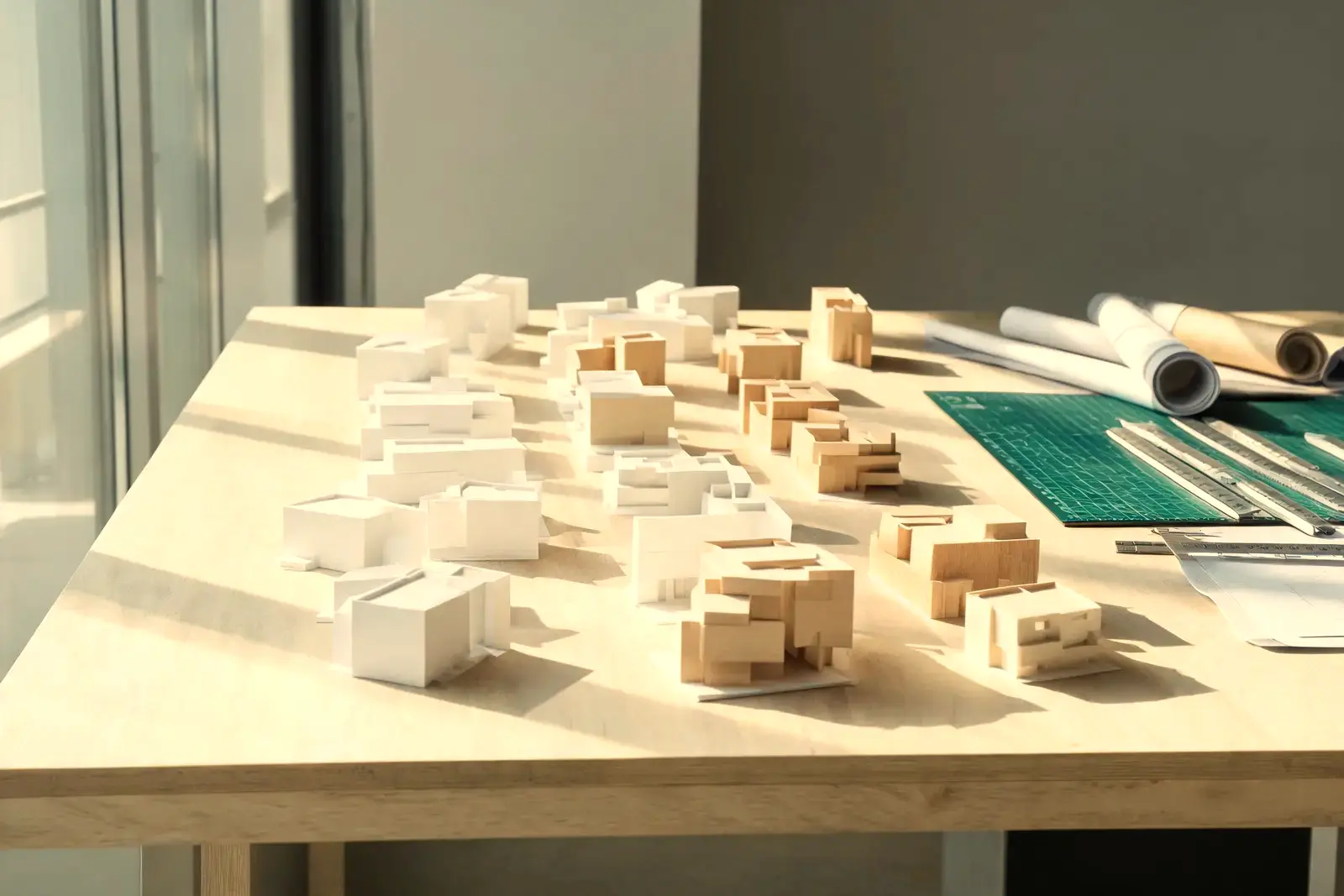 Modelli architettonici in cartoncino bianco e legno di tiglio allineati su un lungo tavolo in betulla, con luce radente dalle finestre.