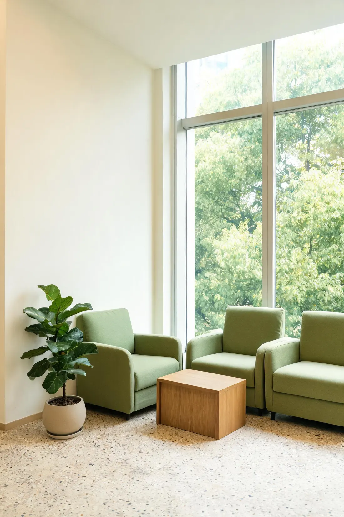 Una piccola sala d'attesa con tre poltroncine in tessuto salvia accanto a una finestra alta affacciata sul verde, un tavolino in rovere e una grande pianta.