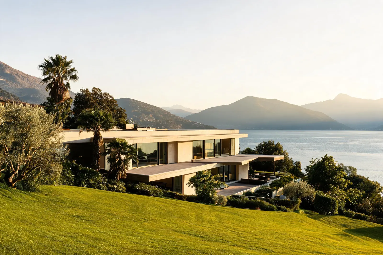 Villa Belvedere ad Ascona: una villa contemporanea in pietra chiara e vetro con terrazze in ombra, palme e ulivi, e il prato che scende verso il Lago Maggiore.